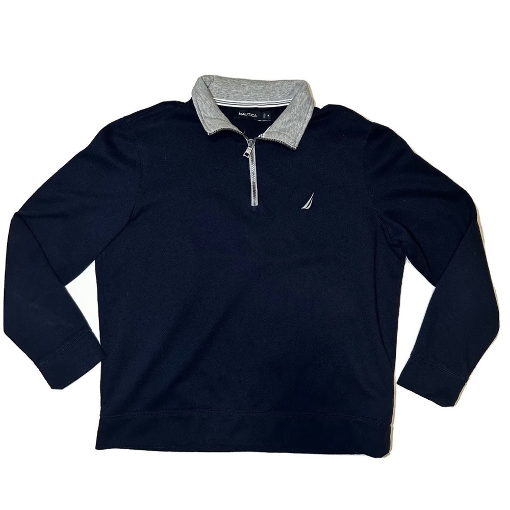 Nautica Men Quarter Zip Navy Long Sleeve Fleece Size Medium